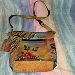 Anuschka Hand Painted Leather Rose Butterfly Zip Around Hobo crossbody Bag